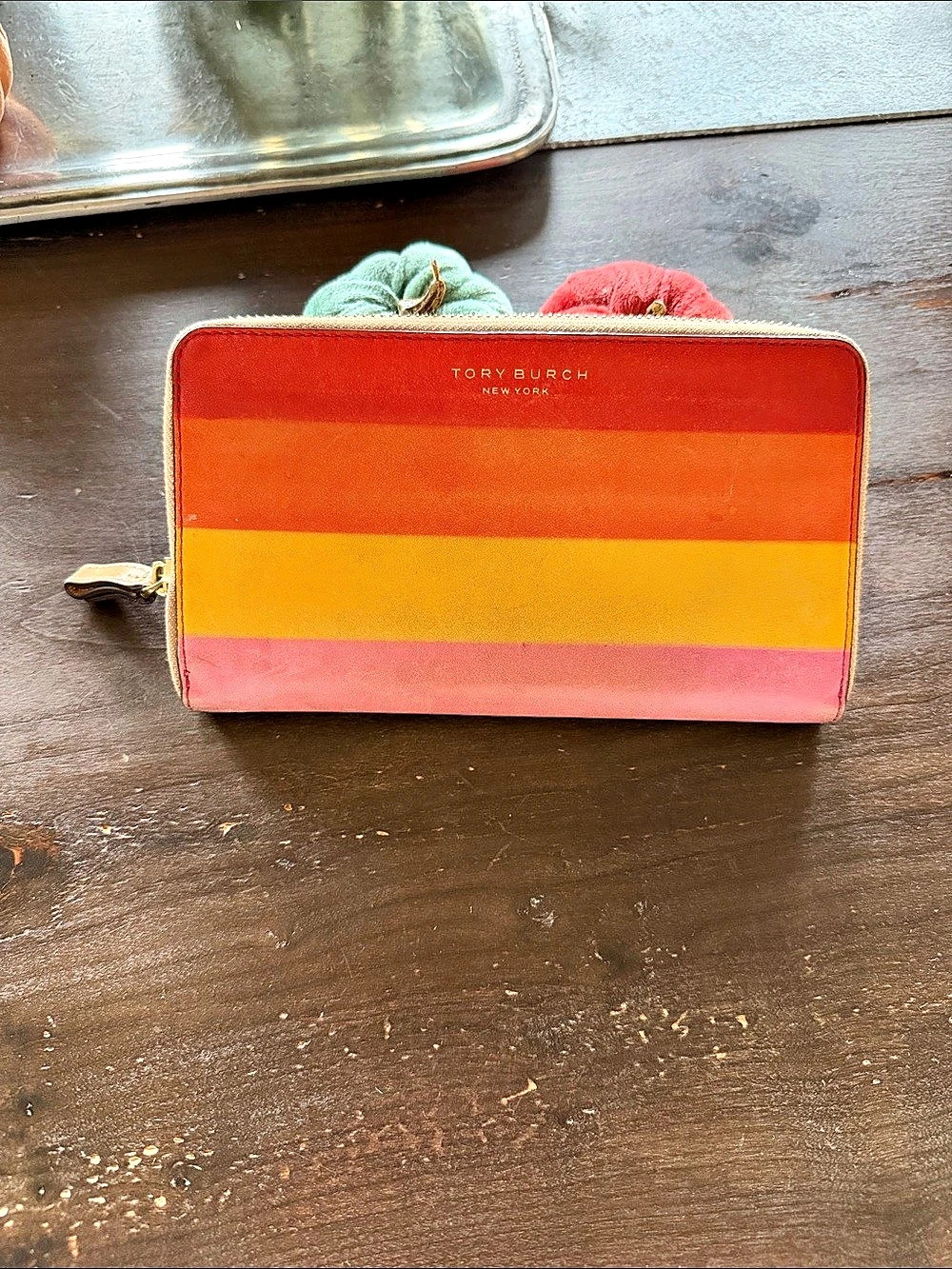 Tory Burch Stripe Zip Continental Wallet Color Block Wallet in Orange & Pink